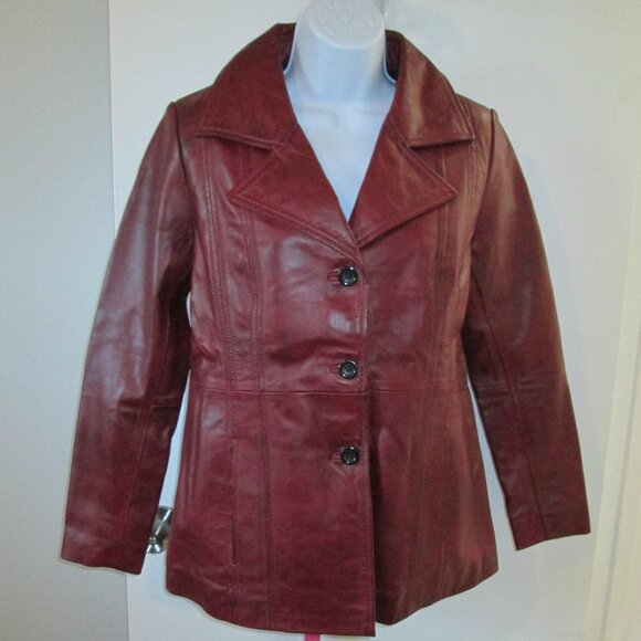 Womens Three Button Burgundy NEW Leather Blazer Sz M - Picture 3 of 10